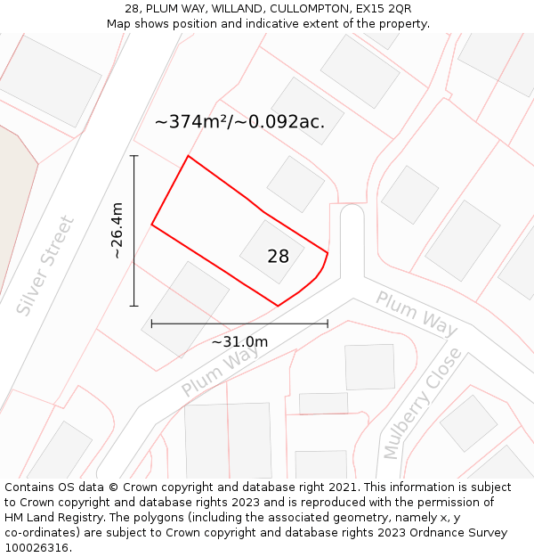 28, PLUM WAY, WILLAND, CULLOMPTON, EX15 2QR: Plot and title map