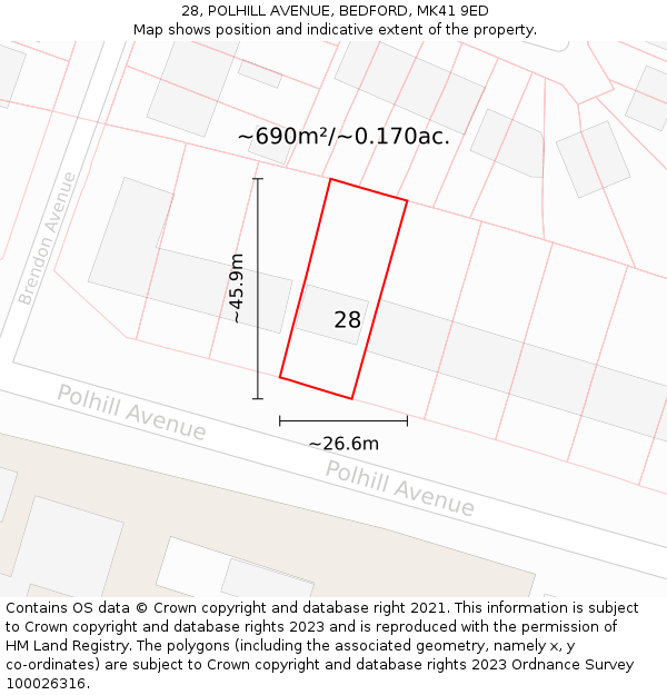 28, POLHILL AVENUE, BEDFORD, MK41 9ED: Plot and title map