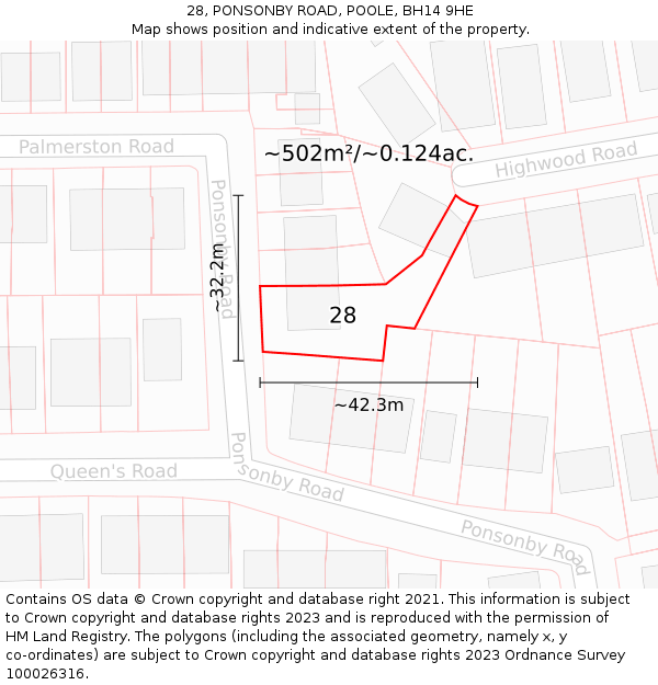 28, PONSONBY ROAD, POOLE, BH14 9HE: Plot and title map