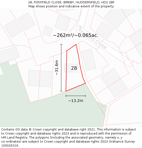 28, PONYFIELD CLOSE, BIRKBY, HUDDERSFIELD, HD2 2BF: Plot and title map