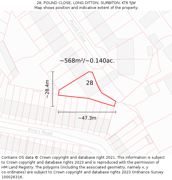 28, POUND CLOSE, LONG DITTON, SURBITON, KT6 5JW: Plot and title map