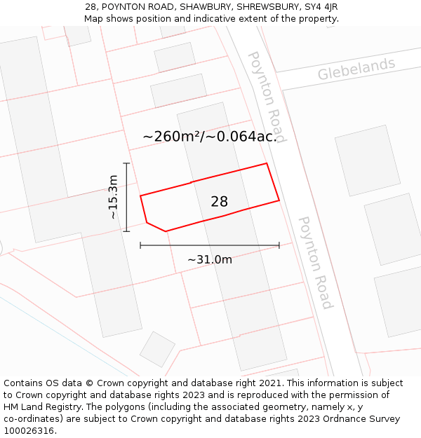 28, POYNTON ROAD, SHAWBURY, SHREWSBURY, SY4 4JR: Plot and title map