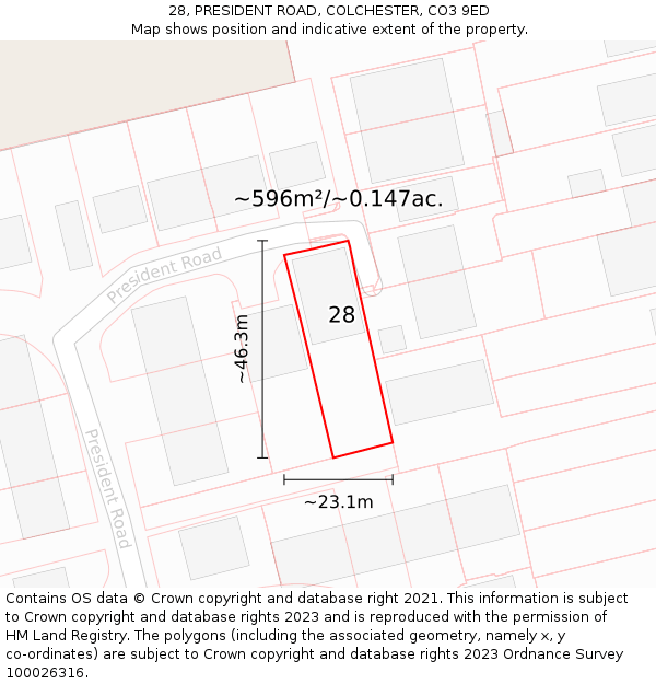 28, PRESIDENT ROAD, COLCHESTER, CO3 9ED: Plot and title map