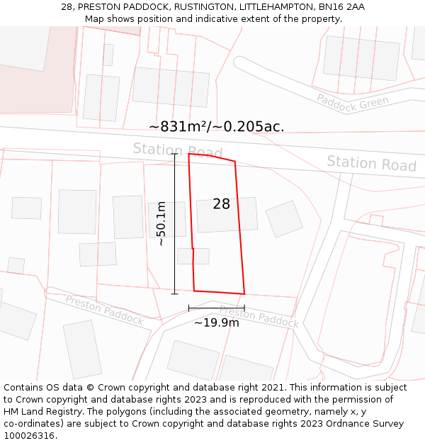28, PRESTON PADDOCK, RUSTINGTON, LITTLEHAMPTON, BN16 2AA: Plot and title map