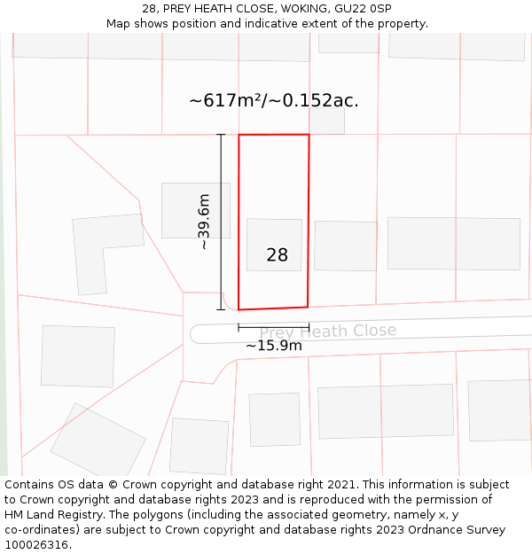 28, PREY HEATH CLOSE, WOKING, GU22 0SP: Plot and title map