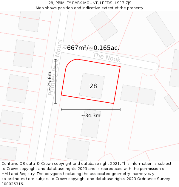 28, PRIMLEY PARK MOUNT, LEEDS, LS17 7JS: Plot and title map