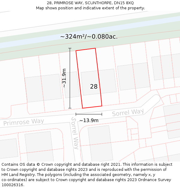 28, PRIMROSE WAY, SCUNTHORPE, DN15 8XQ: Plot and title map