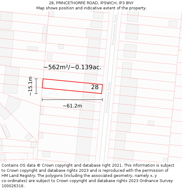 28, PRINCETHORPE ROAD, IPSWICH, IP3 8NY: Plot and title map
