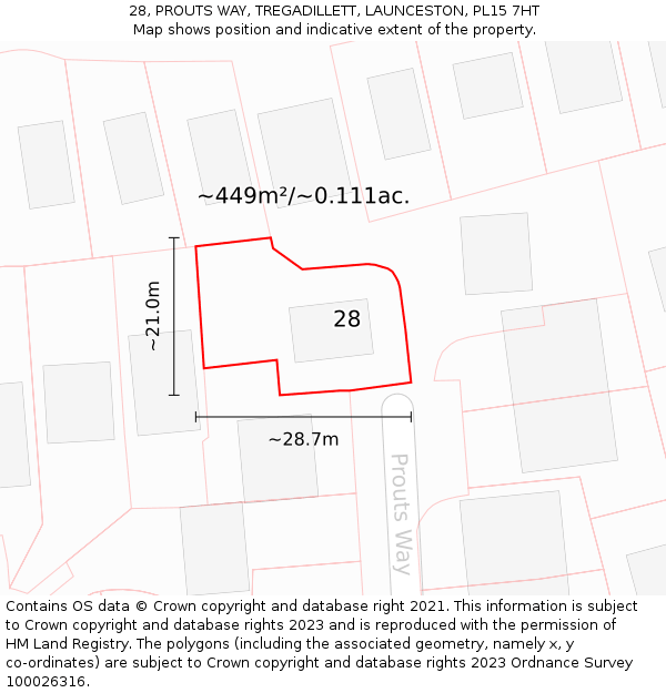 28, PROUTS WAY, TREGADILLETT, LAUNCESTON, PL15 7HT: Plot and title map