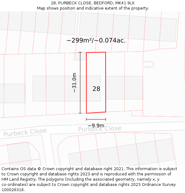 28, PURBECK CLOSE, BEDFORD, MK41 9LX: Plot and title map