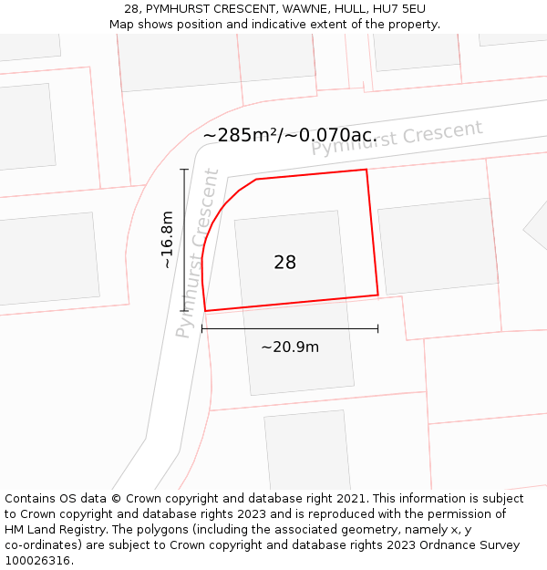 28, PYMHURST CRESCENT, WAWNE, HULL, HU7 5EU: Plot and title map