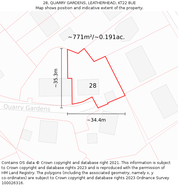 28, QUARRY GARDENS, LEATHERHEAD, KT22 8UE: Plot and title map