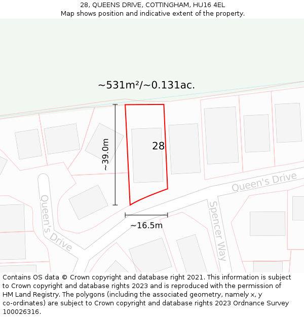 28, QUEENS DRIVE, COTTINGHAM, HU16 4EL: Plot and title map