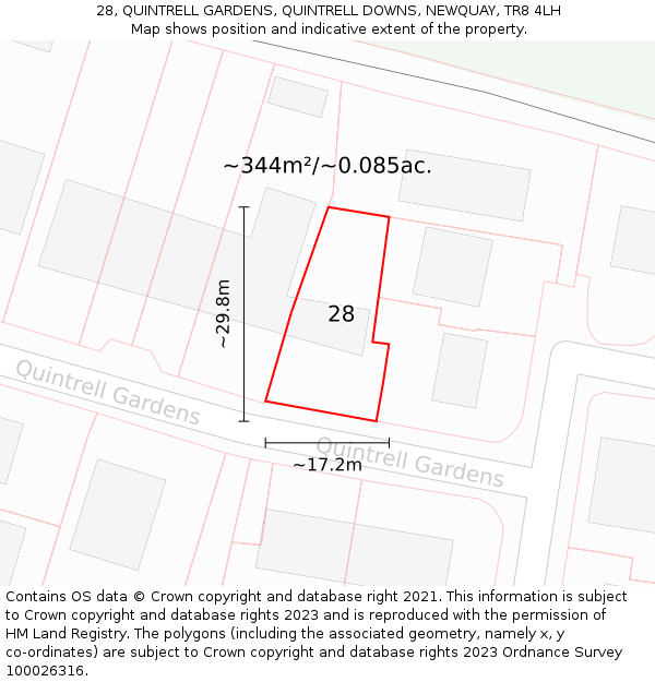 28, QUINTRELL GARDENS, QUINTRELL DOWNS, NEWQUAY, TR8 4LH: Plot and title map