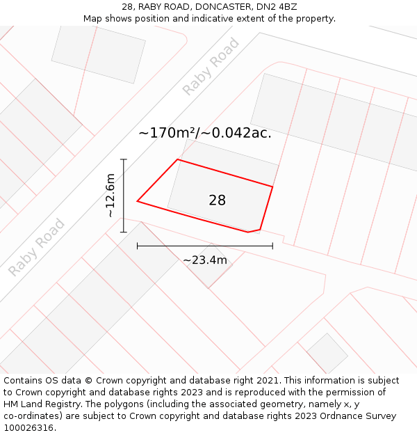 28, RABY ROAD, DONCASTER, DN2 4BZ: Plot and title map