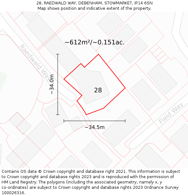 28, RAEDWALD WAY, DEBENHAM, STOWMARKET, IP14 6SN: Plot and title map