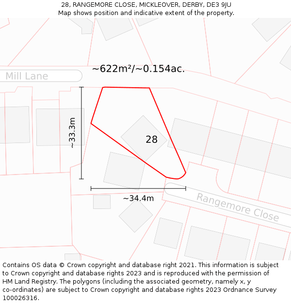 28, RANGEMORE CLOSE, MICKLEOVER, DERBY, DE3 9JU: Plot and title map