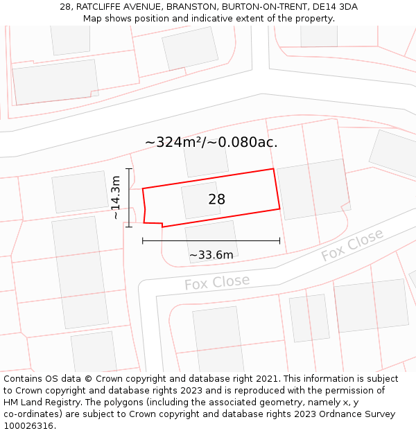 28, RATCLIFFE AVENUE, BRANSTON, BURTON-ON-TRENT, DE14 3DA: Plot and title map