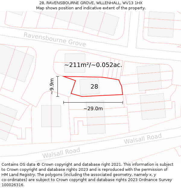 28, RAVENSBOURNE GROVE, WILLENHALL, WV13 1HX: Plot and title map