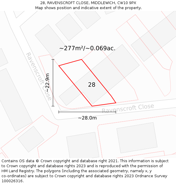28, RAVENSCROFT CLOSE, MIDDLEWICH, CW10 9PX: Plot and title map