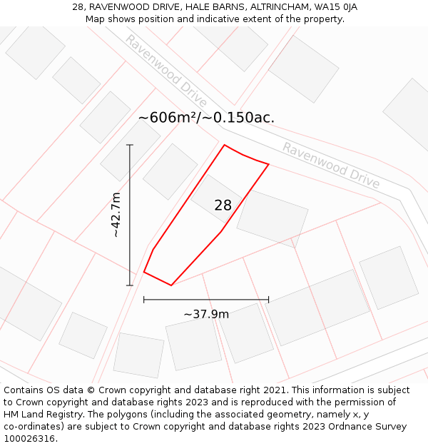 28, RAVENWOOD DRIVE, HALE BARNS, ALTRINCHAM, WA15 0JA: Plot and title map