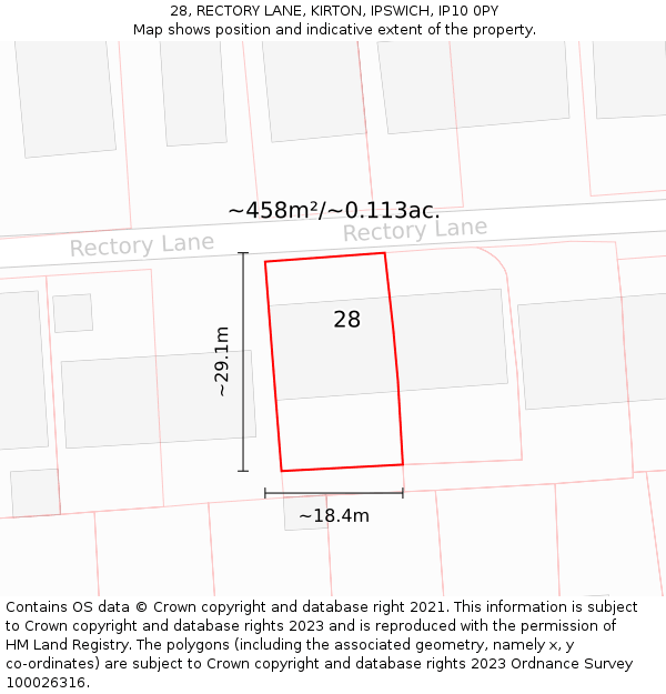 28, RECTORY LANE, KIRTON, IPSWICH, IP10 0PY: Plot and title map