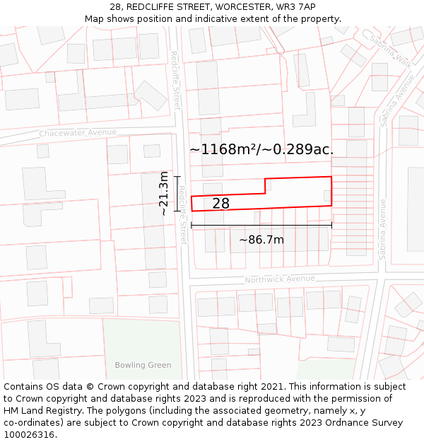 28, REDCLIFFE STREET, WORCESTER, WR3 7AP: Plot and title map
