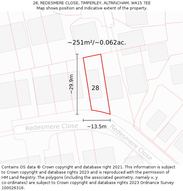 28, REDESMERE CLOSE, TIMPERLEY, ALTRINCHAM, WA15 7EE: Plot and title map