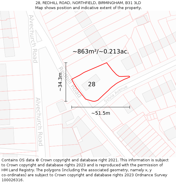 28, REDHILL ROAD, NORTHFIELD, BIRMINGHAM, B31 3LD: Plot and title map