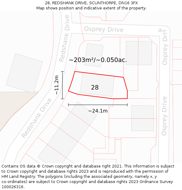 28, REDSHANK DRIVE, SCUNTHORPE, DN16 3FX: Plot and title map