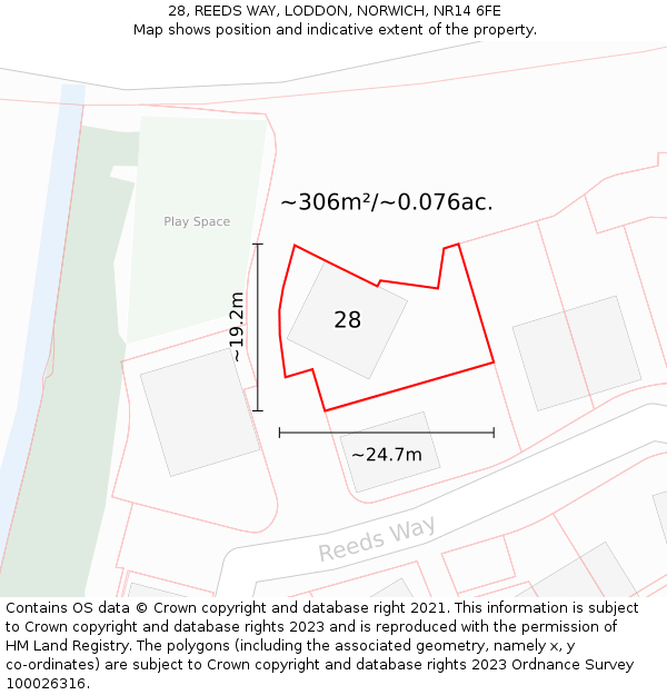 28, REEDS WAY, LODDON, NORWICH, NR14 6FE: Plot and title map