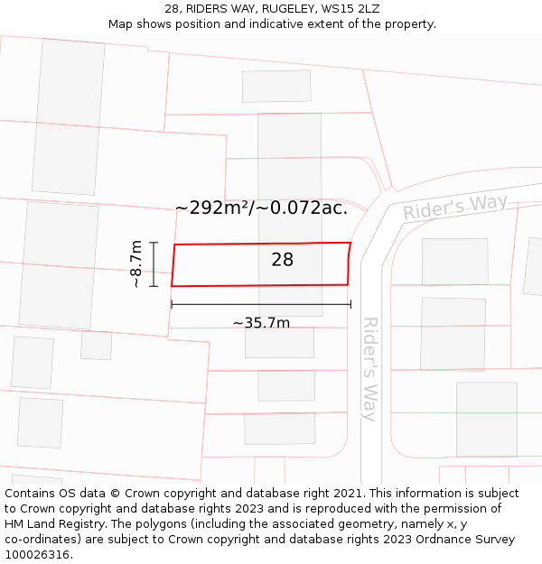 28, RIDERS WAY, RUGELEY, WS15 2LZ: Plot and title map