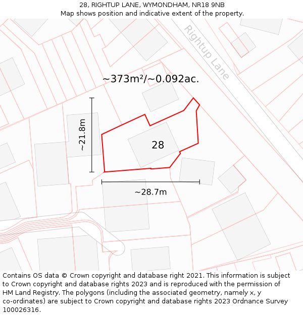 28, RIGHTUP LANE, WYMONDHAM, NR18 9NB: Plot and title map