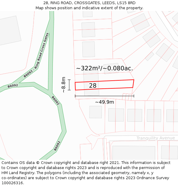 28, RING ROAD, CROSSGATES, LEEDS, LS15 8RD: Plot and title map