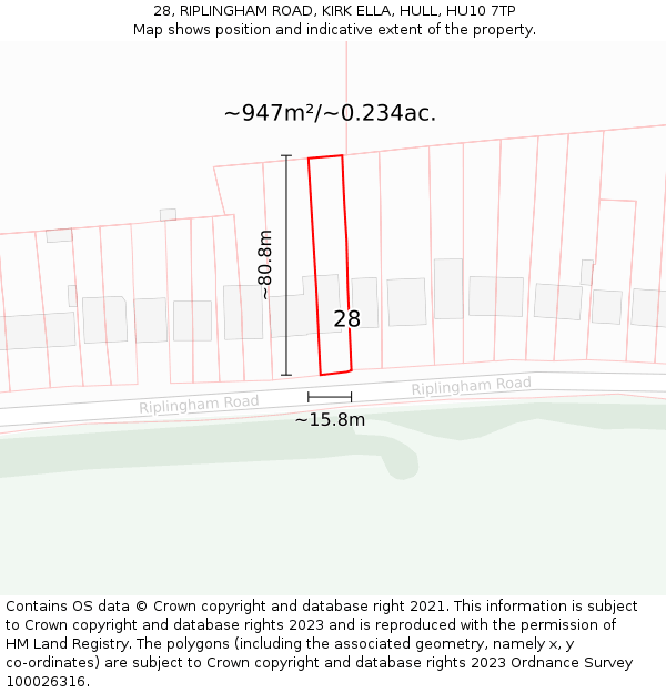 28, RIPLINGHAM ROAD, KIRK ELLA, HULL, HU10 7TP: Plot and title map