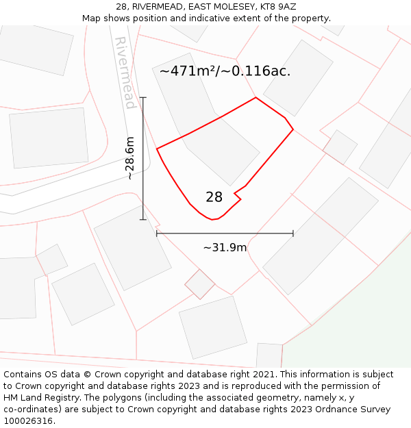28, RIVERMEAD, EAST MOLESEY, KT8 9AZ: Plot and title map