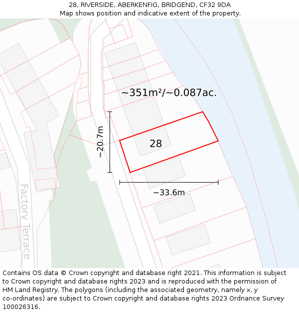 28, RIVERSIDE, ABERKENFIG, BRIDGEND, CF32 9DA: Plot and title map