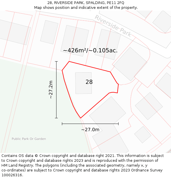28, RIVERSIDE PARK, SPALDING, PE11 2FQ: Plot and title map