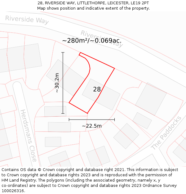 28, RIVERSIDE WAY, LITTLETHORPE, LEICESTER, LE19 2PT: Plot and title map