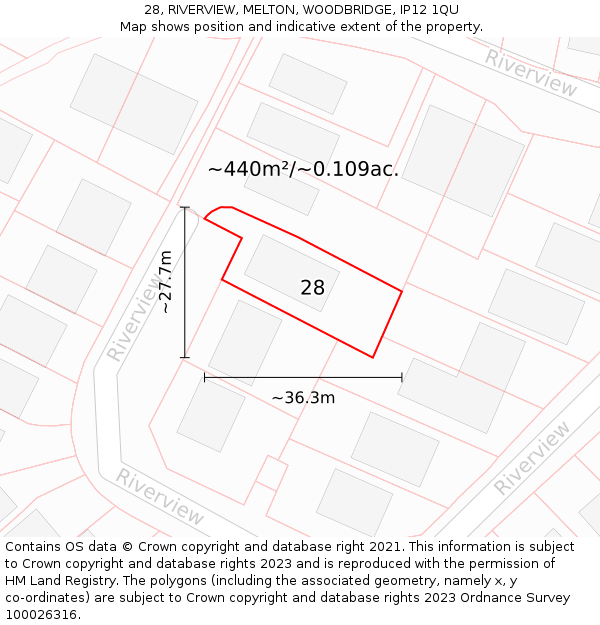 28, RIVERVIEW, MELTON, WOODBRIDGE, IP12 1QU: Plot and title map