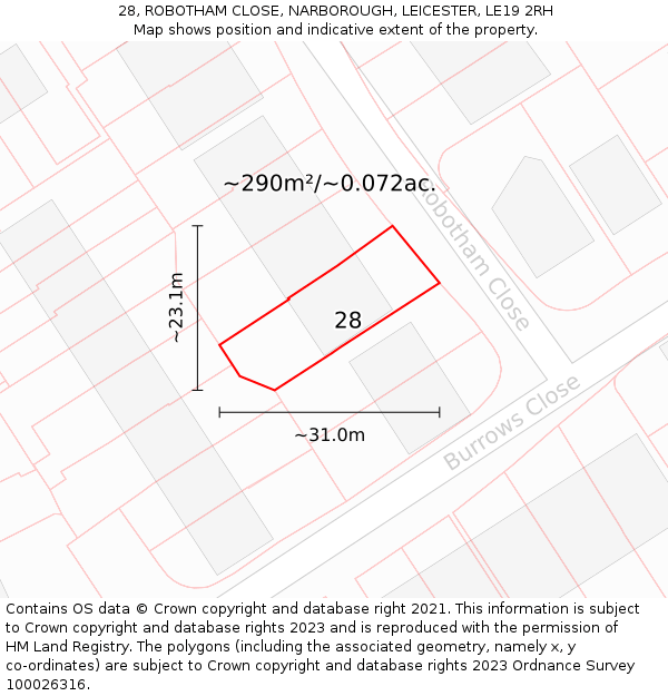 28, ROBOTHAM CLOSE, NARBOROUGH, LEICESTER, LE19 2RH: Plot and title map
