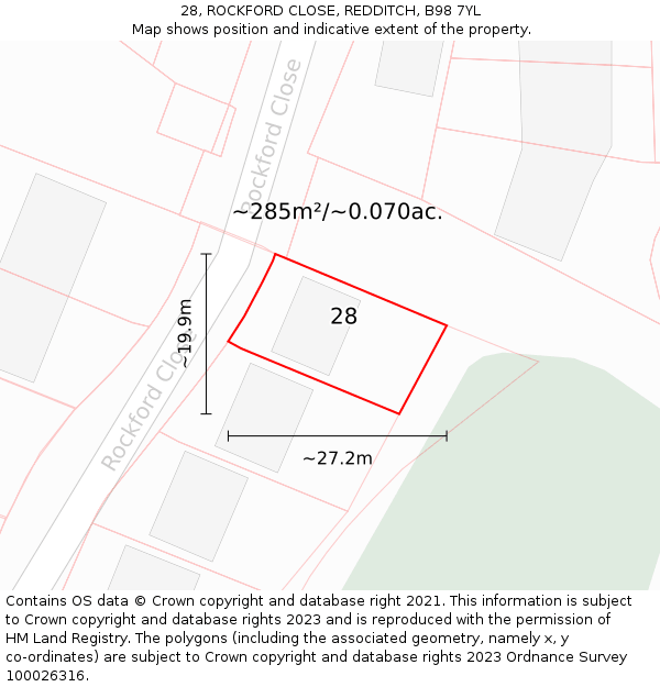 28, ROCKFORD CLOSE, REDDITCH, B98 7YL: Plot and title map