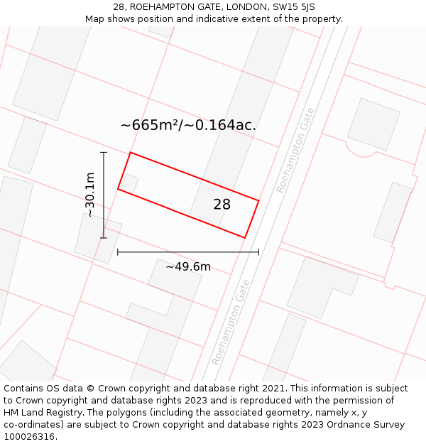 28, ROEHAMPTON GATE, LONDON, SW15 5JS: Plot and title map