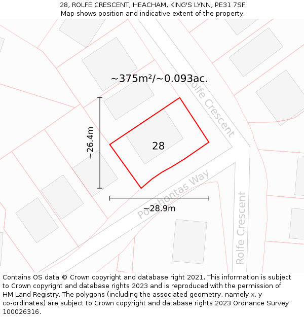 28, ROLFE CRESCENT, HEACHAM, KING'S LYNN, PE31 7SF: Plot and title map