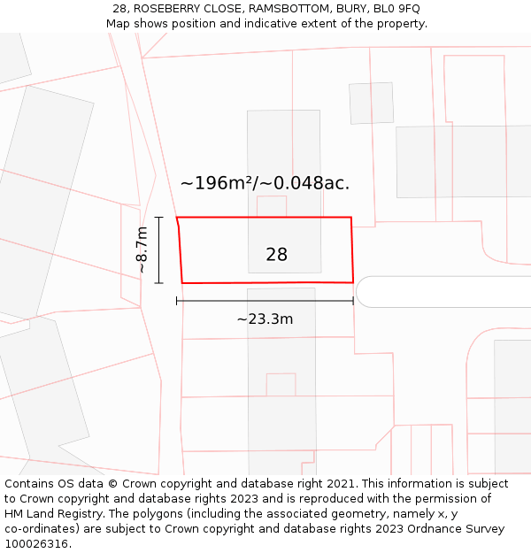 28, ROSEBERRY CLOSE, RAMSBOTTOM, BURY, BL0 9FQ: Plot and title map