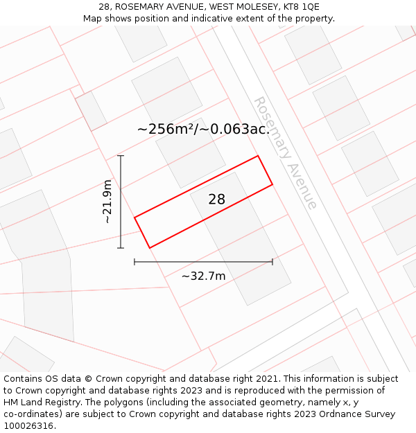 28, ROSEMARY AVENUE, WEST MOLESEY, KT8 1QE: Plot and title map