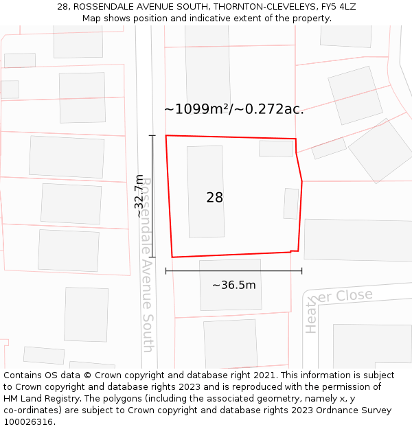 28, ROSSENDALE AVENUE SOUTH, THORNTON-CLEVELEYS, FY5 4LZ: Plot and title map