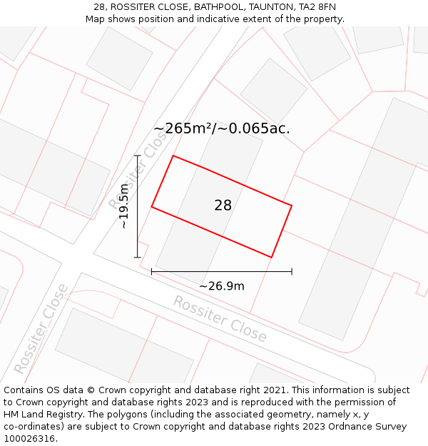 28, ROSSITER CLOSE, BATHPOOL, TAUNTON, TA2 8FN: Plot and title map