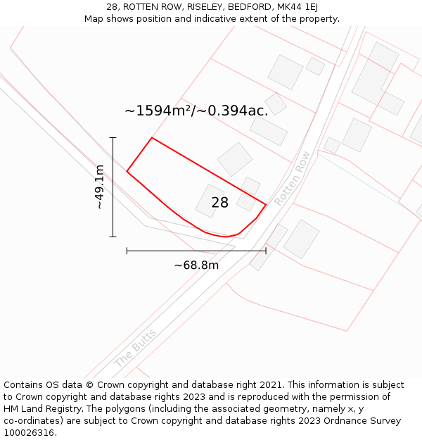 28, ROTTEN ROW, RISELEY, BEDFORD, MK44 1EJ: Plot and title map
