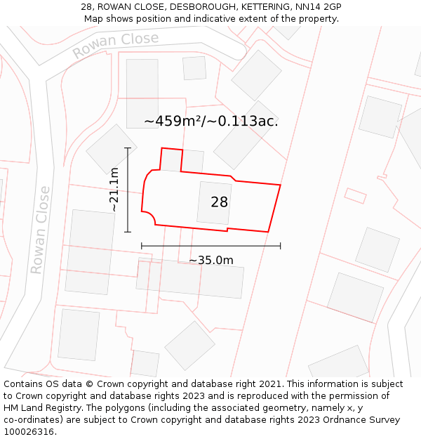 28, ROWAN CLOSE, DESBOROUGH, KETTERING, NN14 2GP: Plot and title map